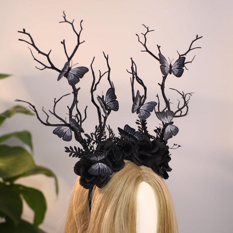 MOSTORY Black Butterfly Branch Headband - Handmade Dark Woodland Hairband Gothic Forest Tree Crown for Women Girls Cosplay Renaissance Mardi Gras Carnival Photo Props - Image 3